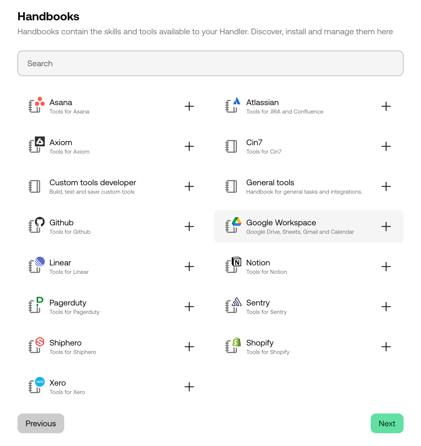 Handbook selection screen