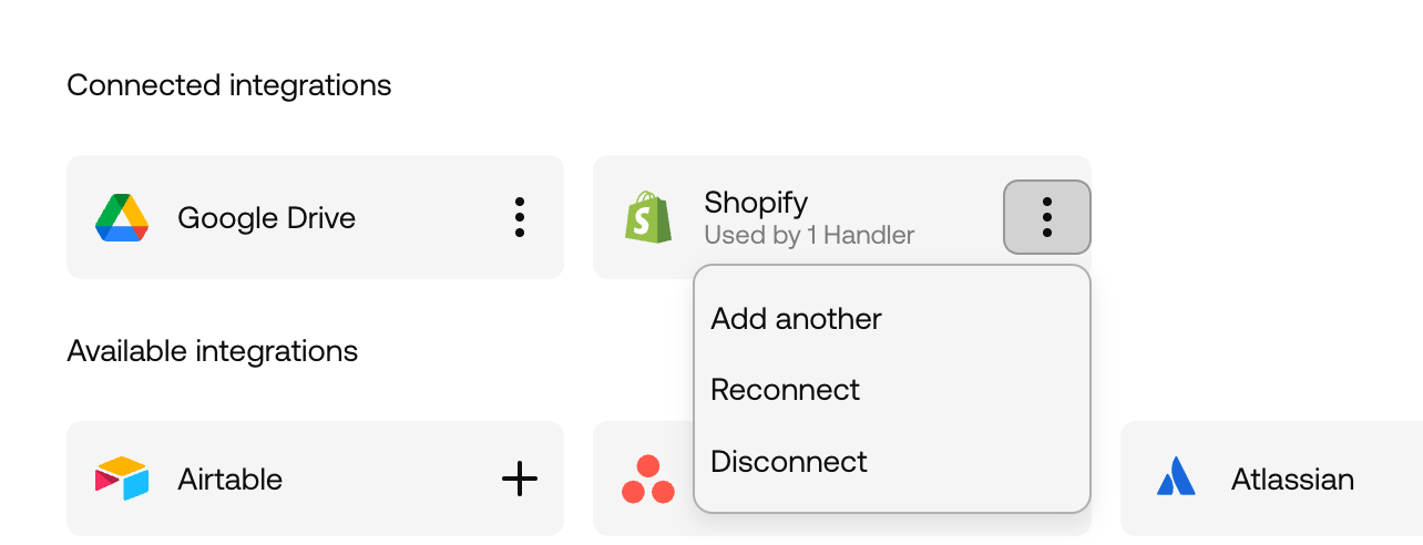 Manage integrations menu